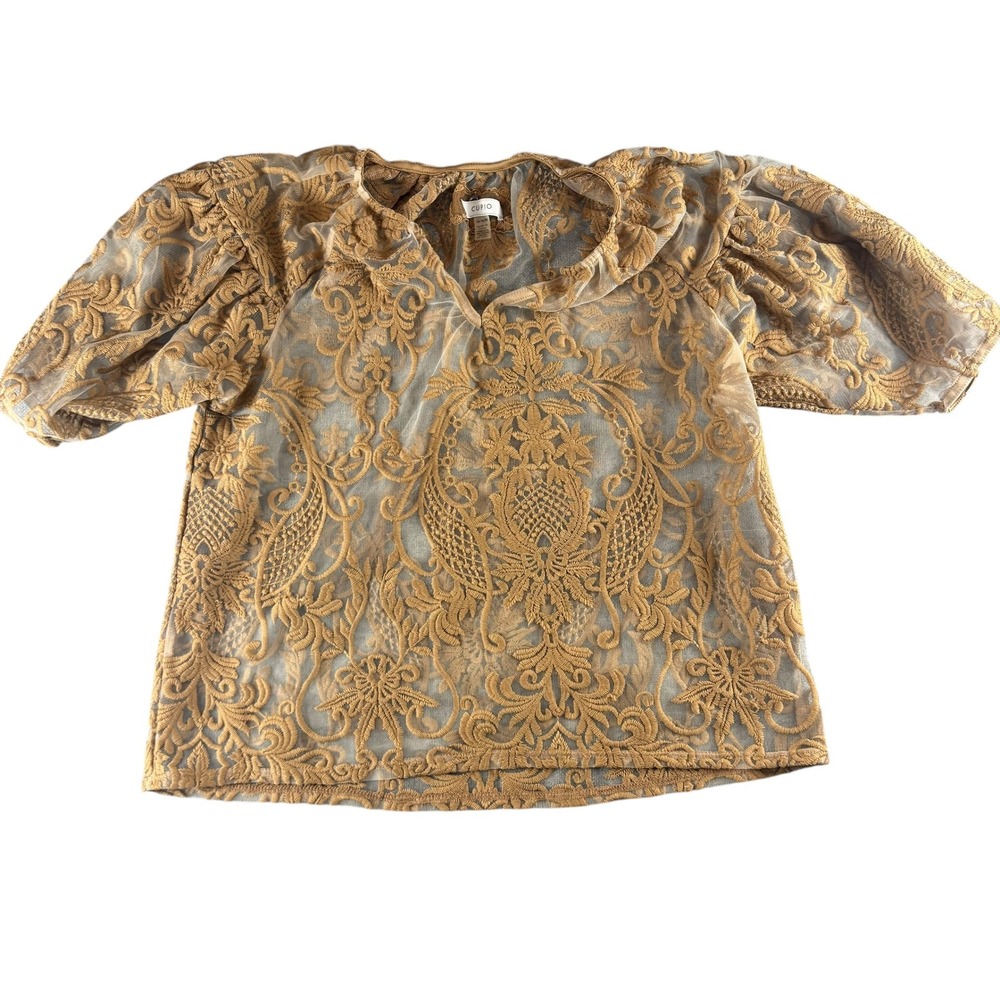Cupio Gold‎ Embroidered Sheer Mesh Puff Sleeve Top Medium Romantic Boho Blouse